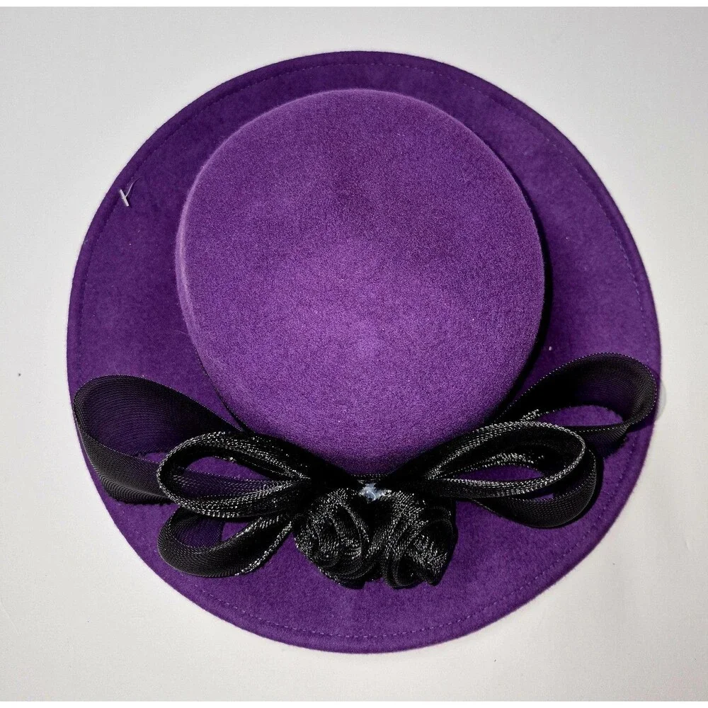Mr John Signature Series Purple Wool Hat Arlin Black Mesh Bow Church Derby Y2K